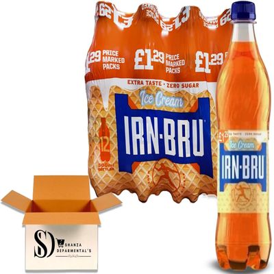 IRN-BRU Sparkling Soft Drink 500ml Bottles Pack of 12 | Mixed Flavours (Zero Cherry, Ice Cream & XTRA) | Fizzy Scottish Soda Bulk Pack (ICE CREAM 12X500ML)