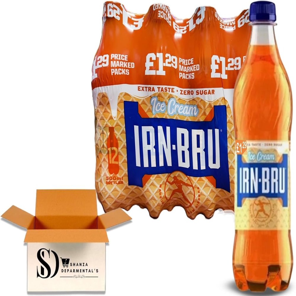 IRN-BRU Sparkling Soft Drink 500ml Bottles Pack of 12 | Mixed Flavours (Zero Cherry, Ice Cream & XTRA) | Fizzy Scottish Soda Bulk Pack (ICE CREAM 12X500ML)