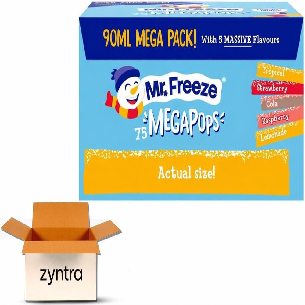Mr Freeze Mega Pops Assorted Flavours 75x90ml -Lemonade, Raspberry, Cola, Strawberry & Tropical Flavors - Perfect for Parties & Kids Refreshing Ice Pops for Summer Fun - Bulk Pack of 75 ice pops