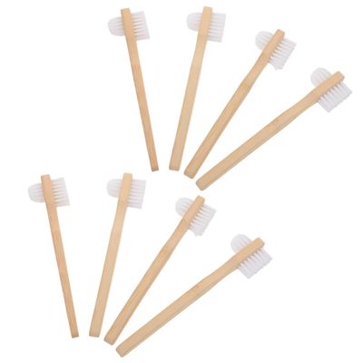 PACKOVE 8pcs Denture Toothbrushes for False Teeth with Medium Hard Nylon Bristles and Ergonomic Bamboo Handle, Dual Brush Head Shape for Comfortable to Hold, for Travel and Home Use