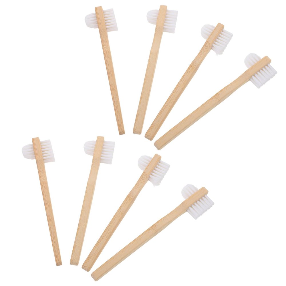 PACKOVE 8pcs Denture Toothbrushes for False Teeth with Medium Hard Nylon Bristles and Ergonomic Bamboo Handle, Dual Brush Head Shape for Comfortable to Hold, for Travel and Home Use