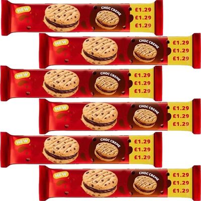 Choc Creme 150g PMP Chocolate Sandwich Biscuits with Chocolate Chips & Smooth Chocolate Cream Filling, Crisp Cookie Snack, Vegetarian Friendly (6 x Pack)