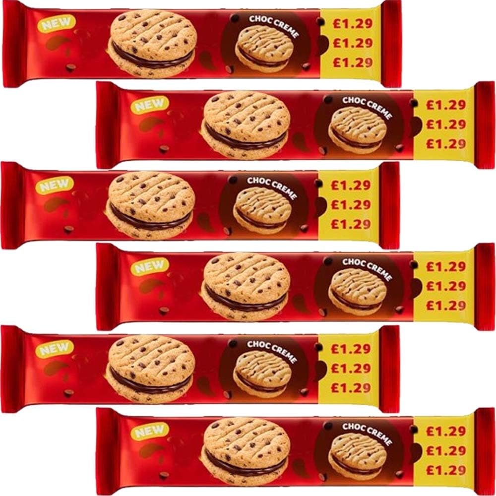 Choc Creme 150g PMP Chocolate Sandwich Biscuits with Chocolate Chips & Smooth Chocolate Cream Filling, Crisp Cookie Snack, Vegetarian Friendly (6 x Pack)