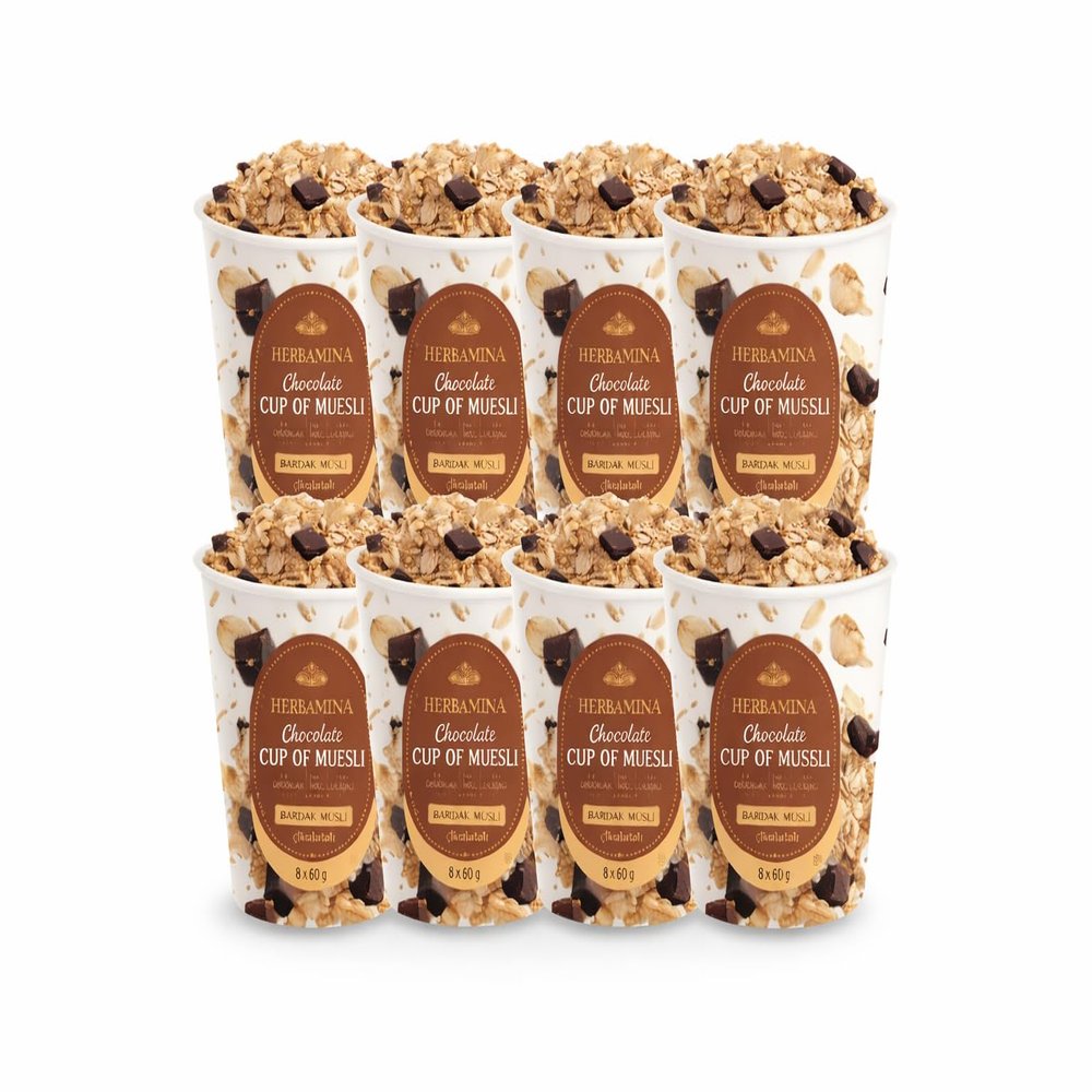 Herbamina Chocolate Muesli Cup 8 x 60 g Ready Breakfast Cups | Bardak Msli ikolatal | Instant Oat Snack | Pack of 8