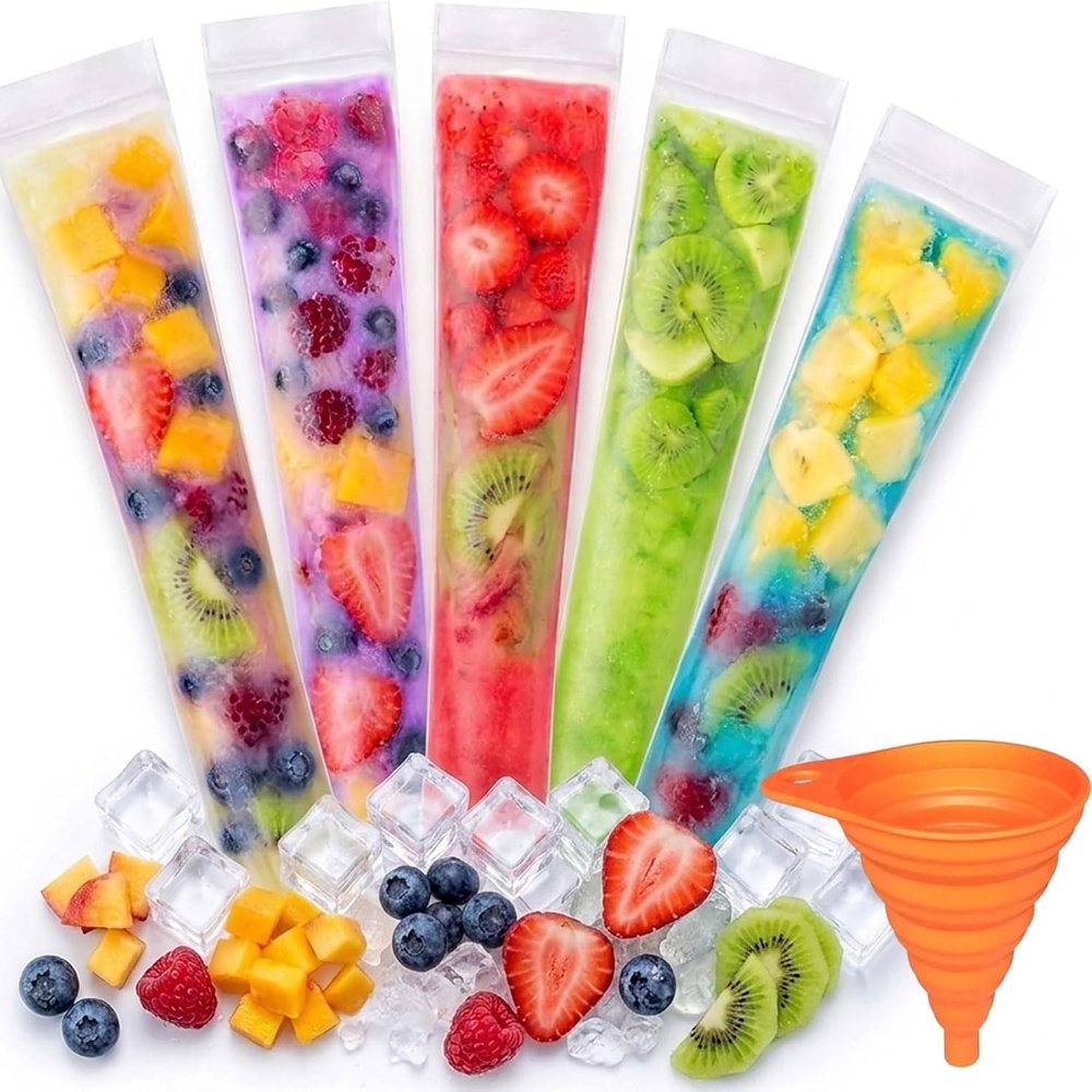 100 PCS DIY Popsicle Bags, Disposable Popsicle Bags with Funnel, Ice Pop Bags with Zip Seal, Leak-Proof Ice Lolly Moulds for DIY Healthy Snacks, Yogurt Sticks, Juice and Fruit Smoothies (300 Pcs)