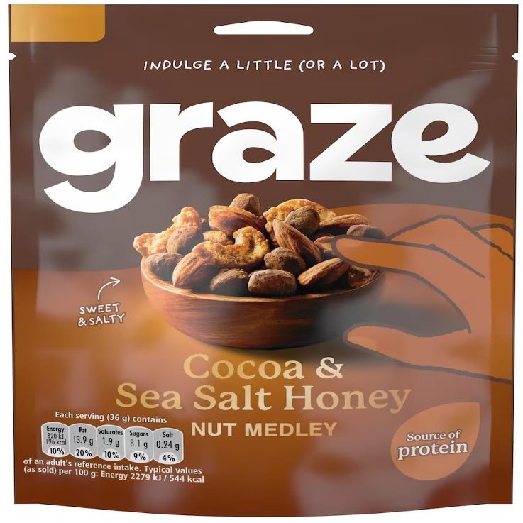 Graze Crunch Protein Sharing Bag | High Protein Healthy Snack | Crunchy Mixed Snack Pack | Ideal Sharing Size Energy Snack (Graze Cocoa and Sea Salt Honey Nut Medley 110g)