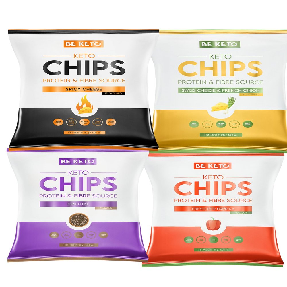 Be Keto Chips Variety Pack 4x 30g | Low Carb Crisps High Protein Snack | Only 4.3-5.9g Carbs per Pack | 12g Protein | Gluten Free | Keto Friendly Snacks | 4 Flavours | Crispy & Crunchy | 4 Packs