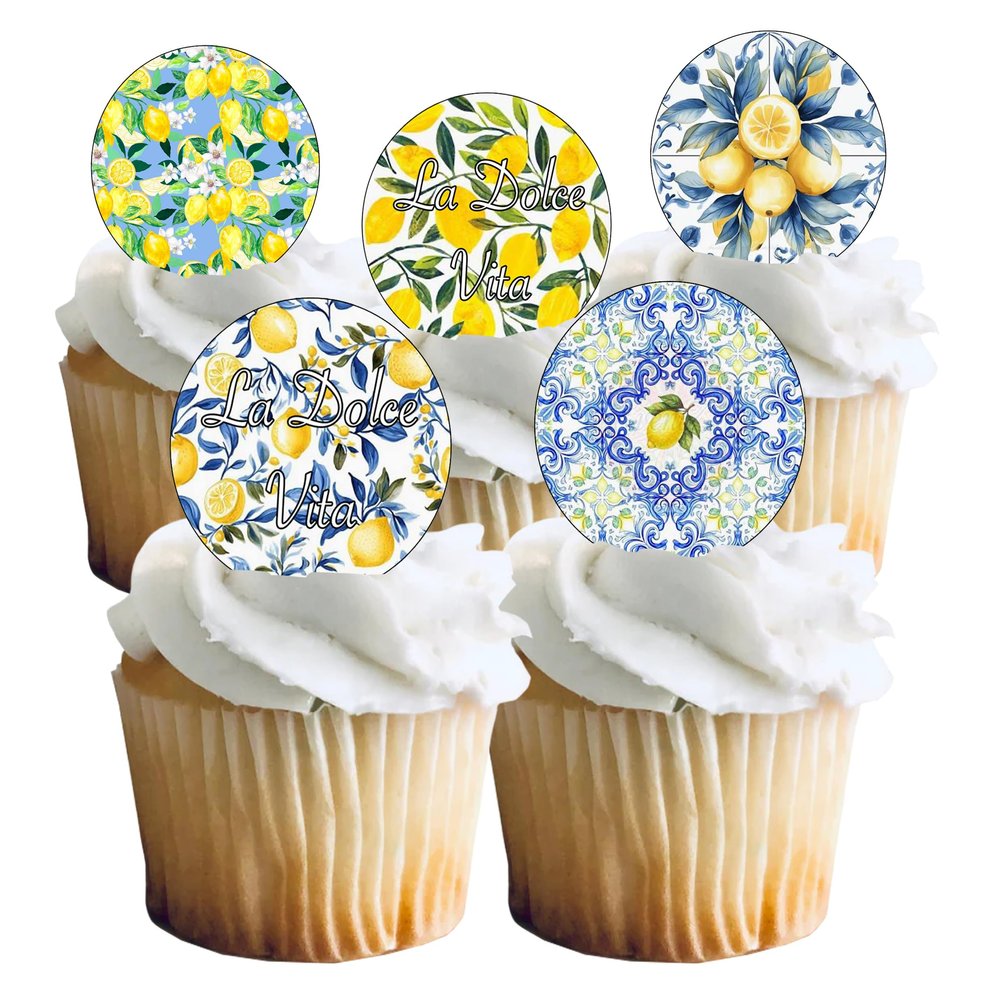 15 Pre-Cut La Dolce Vita Lemon Pattern Italian Inspired Edible Wafer Paper Cake Cupcake Toppers Decorations - 5cm circles