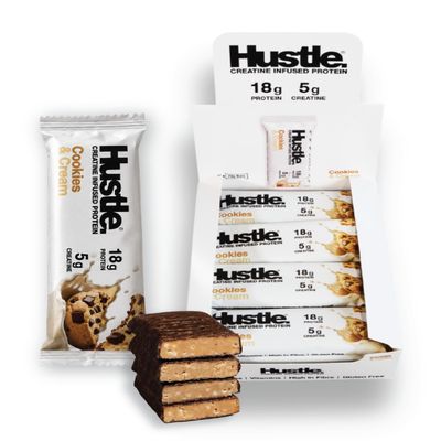 Hustle Creatine Protein Bars, Cookies & Cream, 18g Protein, 12 Bars