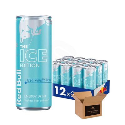 Shopior Energy Drink Can Original, Sugarfree, Zero & Flavoured Editions Bulk Packs | Caffeine Energy Drinks for Gym, Game & Work (Red Bull Iced Vanilla Berry PM 1.75-250ml - Pack 12)