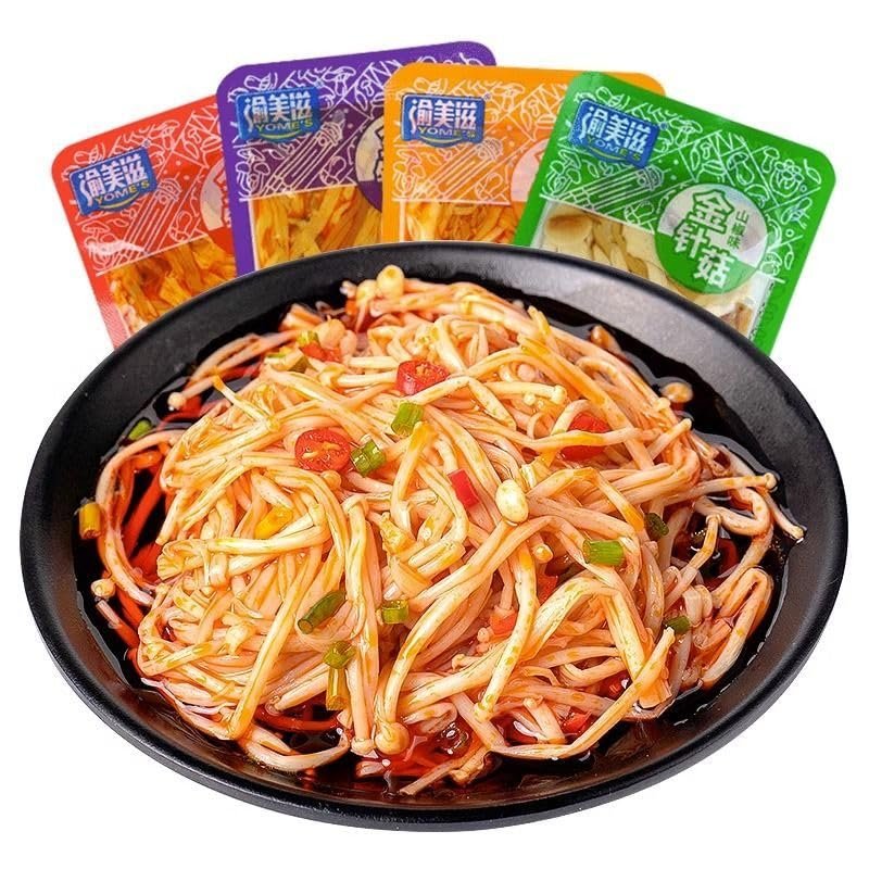 Spicy enoki mushroom, Red oil Flammulina velutipes, Chinese spicy strips, Instant pickled vegetables, delicious kimchi, Chili Sauce, Fresh vegetable snacks gift pack, side dishes, Vegan (30 packs)