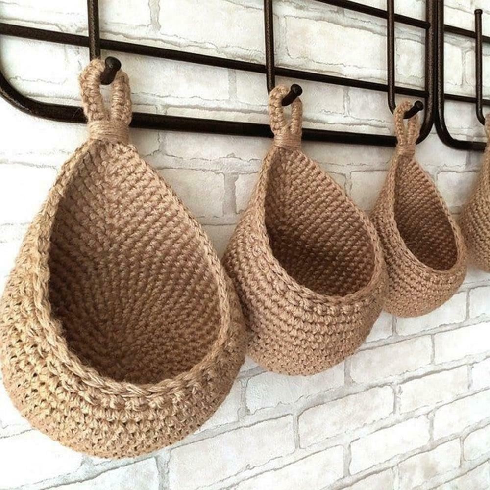 EasyByMall Hanging Wall Basket for Vegetables and Fruits, Handwoven Jute Cotton Rope Storage Organizer, Eco-Friendly Breathable Kitchen Decor