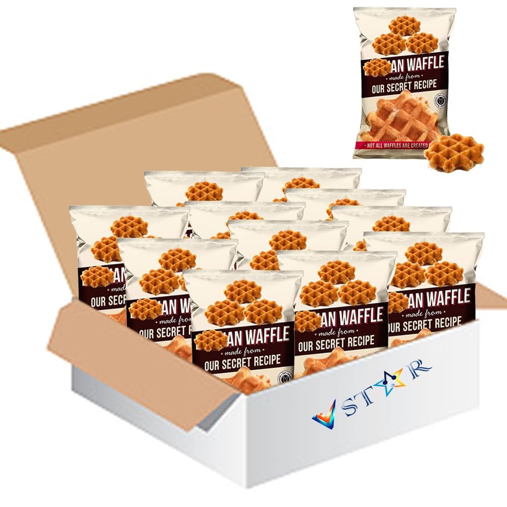 Belgian Style Waffles 90g Authentic Waffles with Sugar Pearls, Soft & Fluffy Sweet Caramelised Snack Ready to Eat Dessert (14 x Bags)