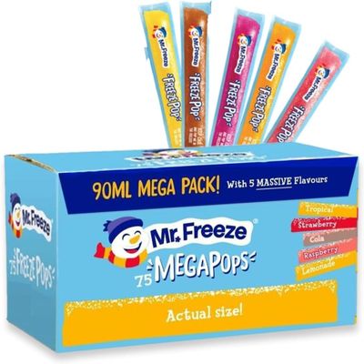Mr Freeze Mega Pops 75 x 90ml Assorted Flavour Freezable Ice Pops | Bulk Freezer Lollies for Parties, Kids & Summer Treats | Vegetarian