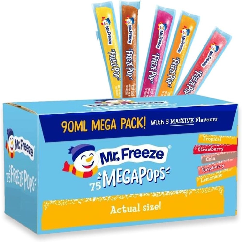 Mr Freeze Mega Pops 75 x 90ml Assorted Flavour Freezable Ice Pops | Bulk Freezer Lollies for Parties, Kids & Summer Treats | Vegetarian