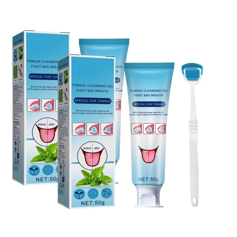 50g Tongue Cleaning Gel with Brush & Scraper, Effective Bad Breath Eliminator, Fresh Oral Hygiene, Ergonomic Care Kit, Gentle Repair Formula for Gums and Teeth, Adult Daily Use