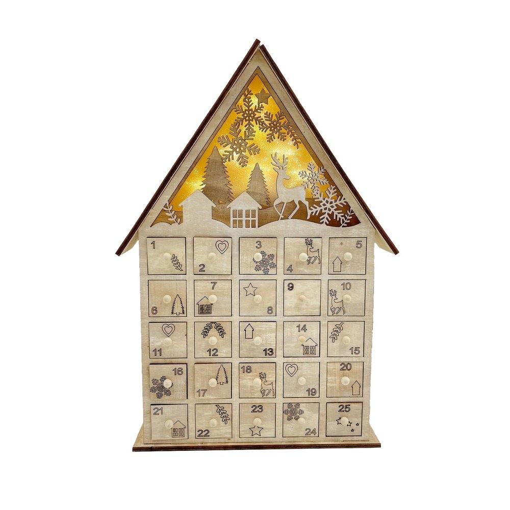 Bottone Decorative Christmas Advents Calendar Stable Holiday Wood Carved Calendar with LED Lights and 24 Gift Drawers Wood Drawer