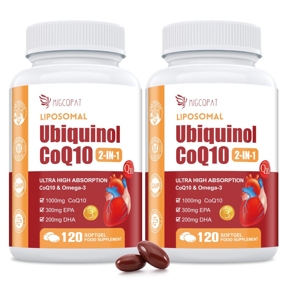 (2 Packs) 1000mg Liposomal CoQ10 Ubiquinol with Omega-3 120 Softgels, Advanced Coenzyme Q10 High Strength & Absorption, Naturally Fermented CoQ10 Supplement for Antioxidant, Heart & Energy Support