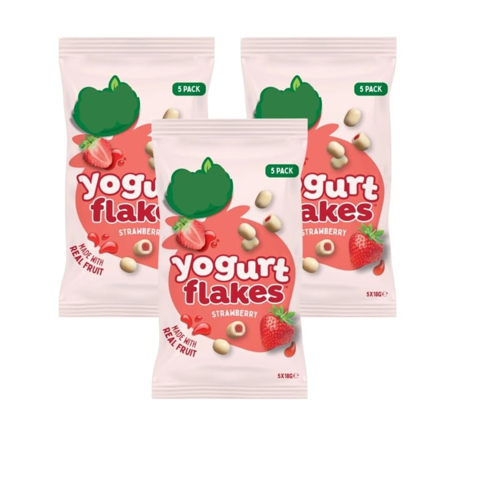 Strawberry Yoghurt Flakes, 90g, Pack of 3, Gluten Free, Natural Colours and Flavours, Vegetarian, Real Fruit, Perfect for Lunchboxes and Baking