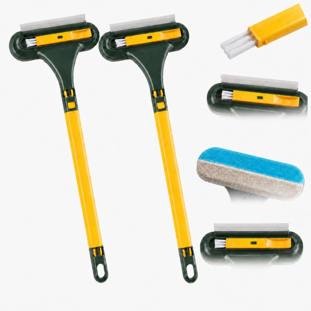 2-in-1 Window Screen Cleaning Brush Value Set, Window Screen Cleaner Tool, Mesh Screen Cleaner with Squeegee and Corner Brush, Long Handle Screen Brush for Glass (YELLOW-GREEN 2PCS)