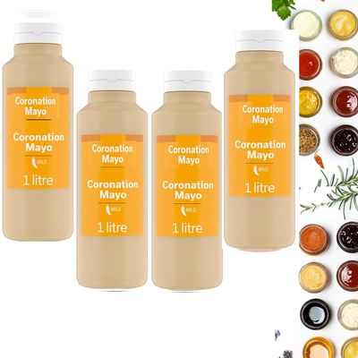 All Variety of Delicious Taste of Saucce Bottle 1l - Suitable For Vegan - Make Your Dish With Variety of Saucce (4 x Bottles, Coronation Mayo 1l)