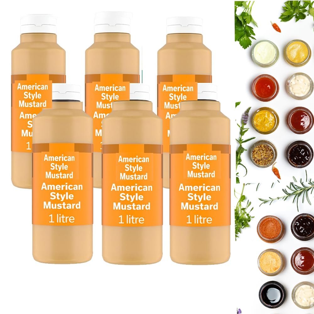 All Variety of Delicious Taste of Saucce Bottle 1l - Suitable For Vegan - Make Your Dish With Variety of Saucce (6 x Bottles, American Style Mustard 1l)