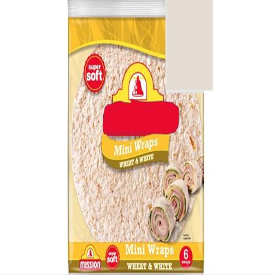 Mini Wraps Wheat & White, Super Soft Tortilla, 186g, Pack of 6, Suitable for a wide variety of fillings including meats, cheeses, salads, and spreads for a quick and satisfying meal
