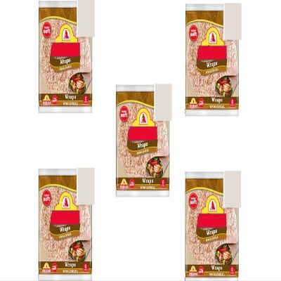 Wholemeal Tortilla Wraps 367g Pack on 5, Made with wholemeal wheat flour, these wraps offer a wholesome, hearty flavour ideal for everyday meals.