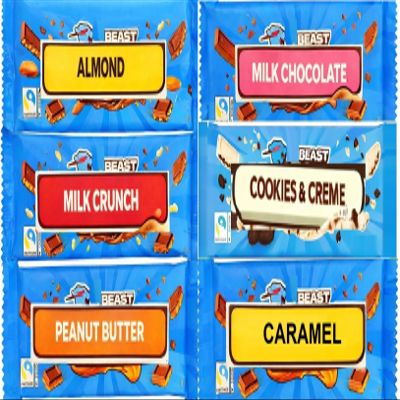 Beast Chocolate Bar Mix Bundle - x1 Milk, x1 Almond, x1 Crunch, x1 Peanut Butter, 1x Cookies and Cream, 1 x Caramel | 60g Bars