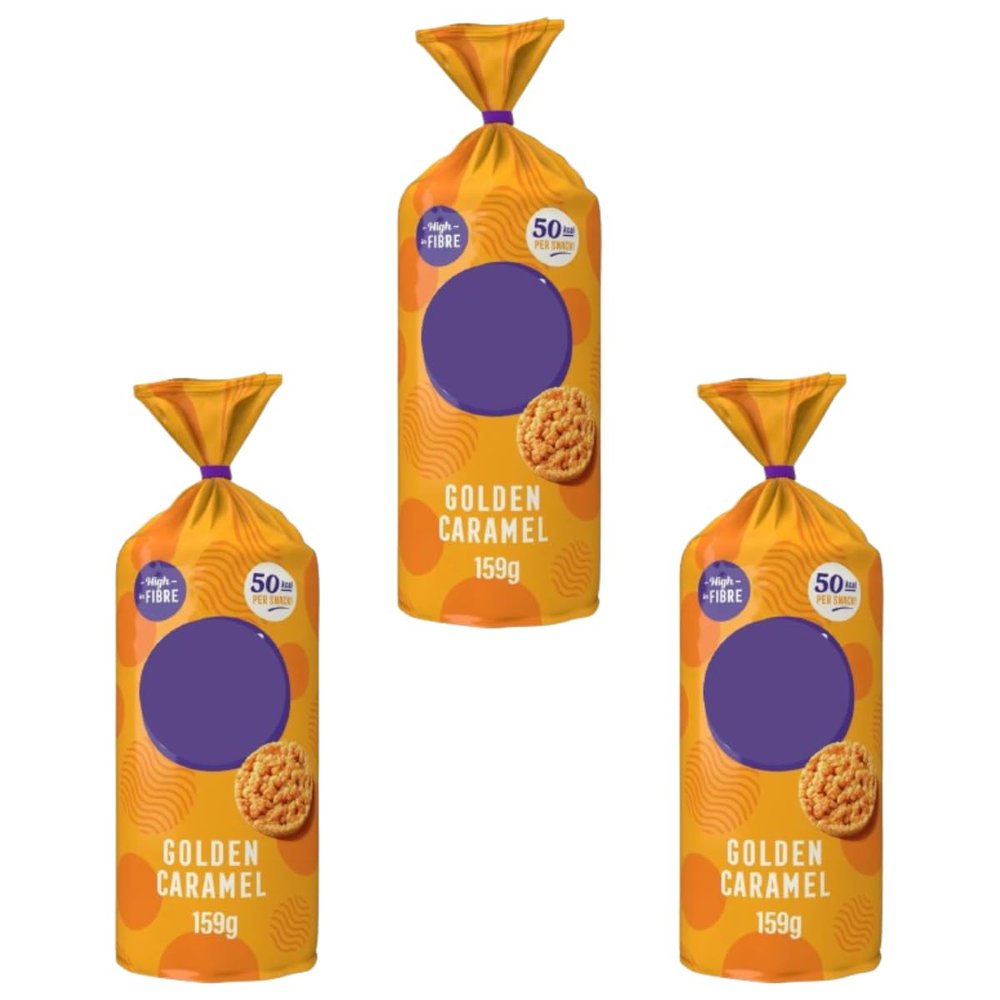Golden Caramel Jumbo Rice Cake Crisps, High in Fibre, 50Kcal per Snack, Popped Never Fried, 159g, Pack Of 3