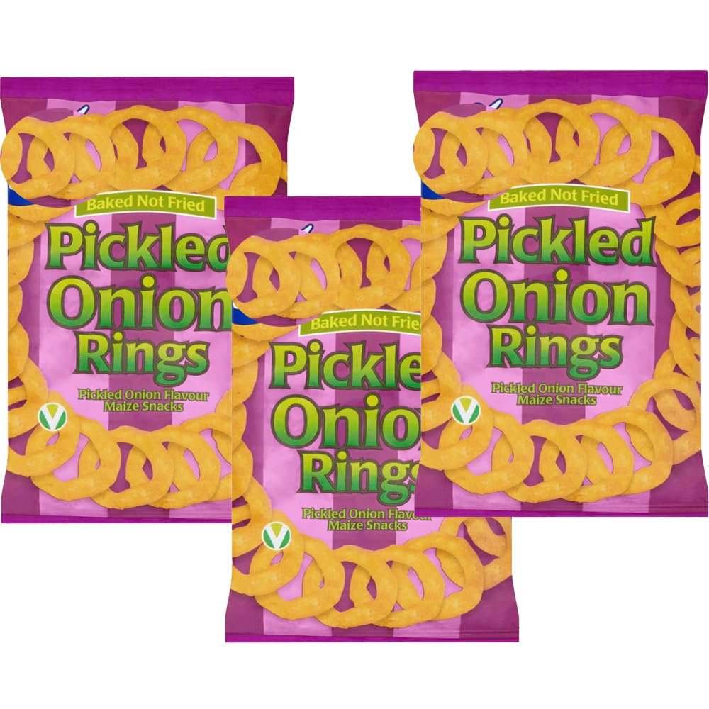 Onion Rings, Pickled Onion Rings Onion Flavoured Baked Chips Bags 150g - Tasty Baked Snacks - glc (3 x Bags, Pickled Onion Rings Bag)