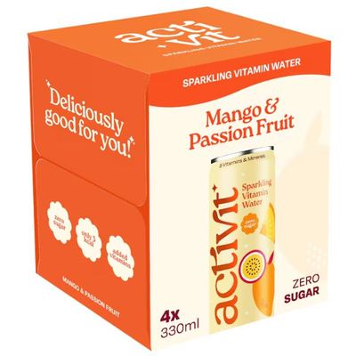 Activit Vitamin Energy Drink (Pack of 4 x 330ml Cans) | (Activit Tropical Mango & passion fruit Drink 330Ml X4)