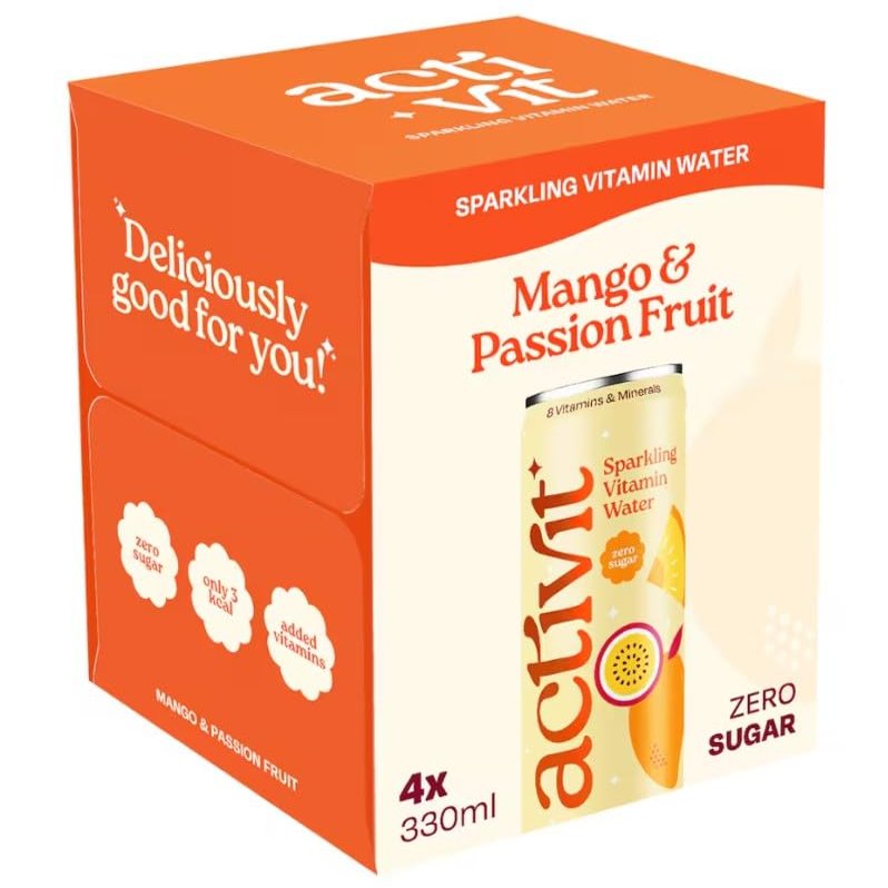 Activit Vitamin Energy Drink (Pack of 4 x 330ml Cans) | (Activit Tropical Mango & passion fruit Drink 330Ml X4)