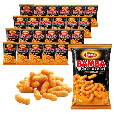 Osem Bamba 28g Peanut Butter Puffs Cheddar Flavour Pack of 24 - Light Crunchy Corn Snack Bags, Savoury Treats for Lunchboxes, Sharing, Travel, and Everyday Snacking