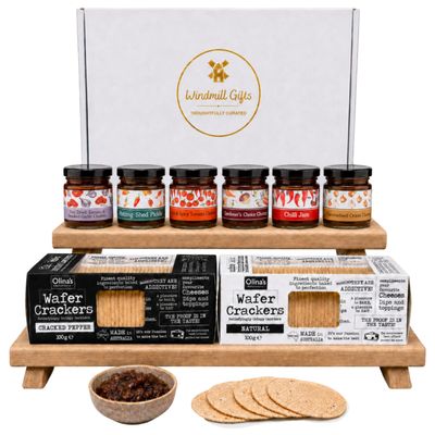Chutneys Gift Set Bundle With x6 Mini Chutney Selection and Crackers Gift - Including Chili Jam, Caramelised Onion, Potting Shed Pickle and More - Chutney and Crackers Gift Set Savoury Hampers