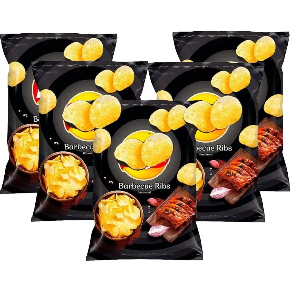 Barbecue Ribs Flavoured Potatoe Chips Bag 130g - Pack of 5 - Each bite is Bursting with a Smoky BBQ - LYS