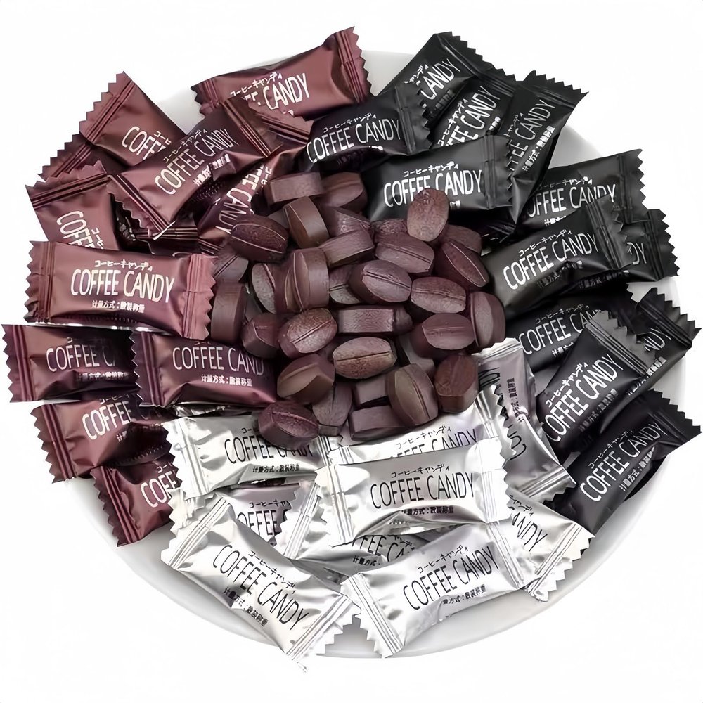 Asian Specialty Sweet Coffee Bean Shape Hard Candies with Black Strong Coffees Flavor 100-Pack Individually Wrapped Sweets for Office Energy Boost