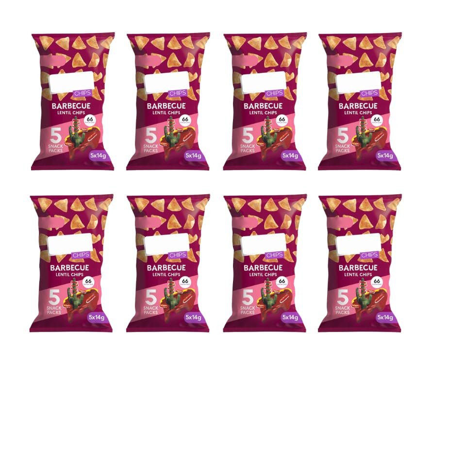 Bbq Lentil Chips, Gluten Free, Pack of 8, Vegan, No Palm Oil, Natural Seasoning, 5x14g Packs, 66 kcal per Pack