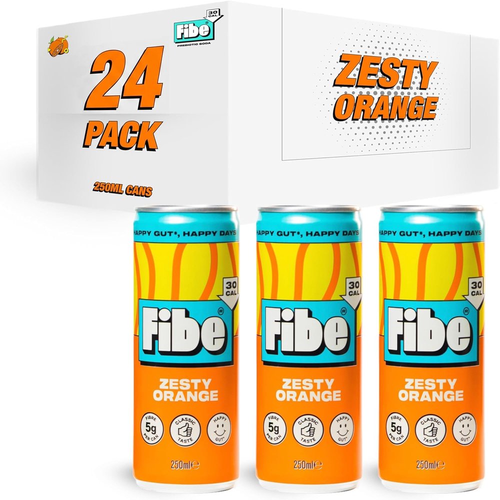 FIBE Soda | Rich in Beneficial Live Cultures | Boosts Immune System | Low Calories | Vitamin B&C | Vegan & Gluten Free | Recyclable & Sustainable (Zesty Orange - 24x250ml)