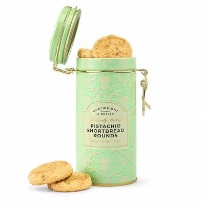 Cartwright & Butler Pistachio Shortbread Rounds in Clip-Lid Gift Tin, 150g, Buttery British Shortbread with Pistachio and Demerara Sugar, for Birthdays, Christmas, Thank You and Afternoon Tea