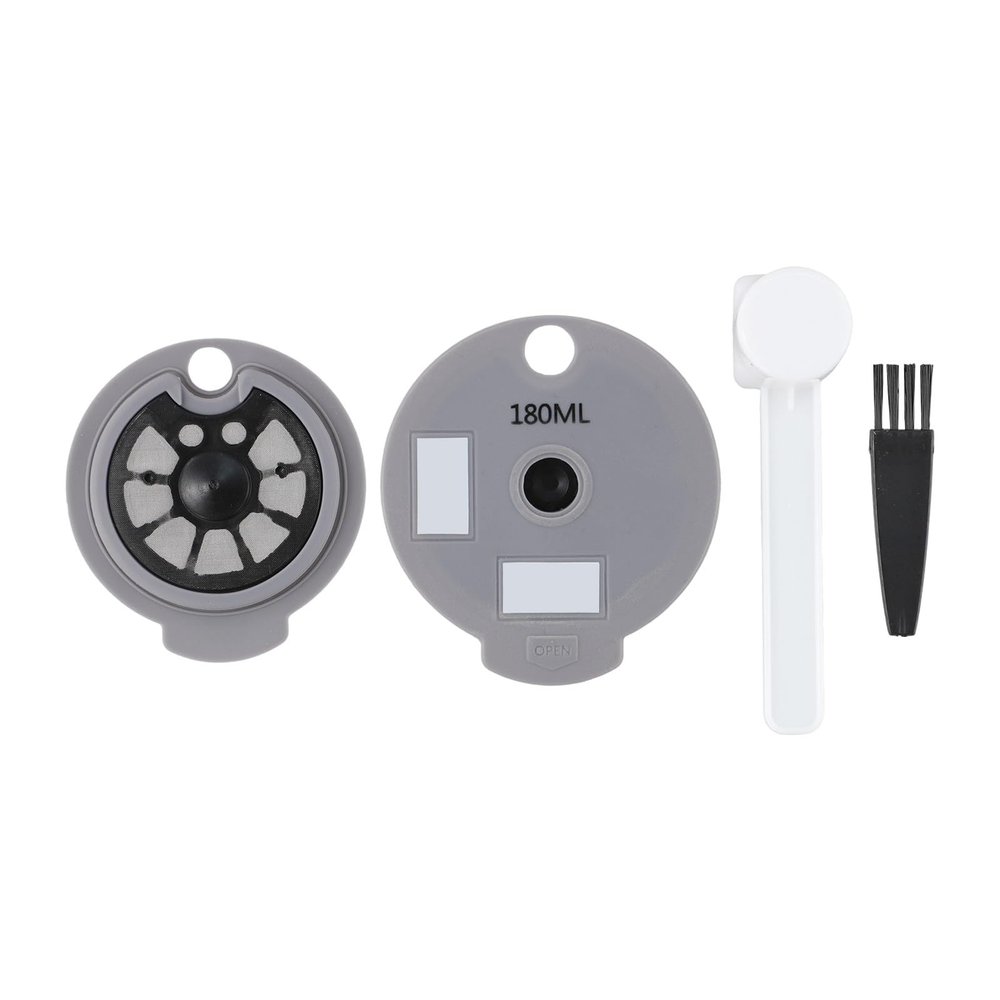 Auratrove Reusable Coffee Capsule Pod for for Bosch Tassimo, 12g Capacity with 60ml and 180ml Lids, Grey Plastic Refillable Cup with Spoon and Brush
