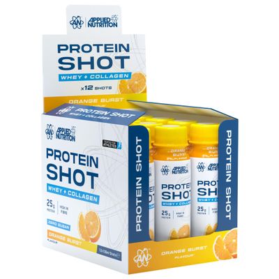 Applied Nutrition - Protein Shot - Whey + Collagen - RTD Fitness Drink - Zero Sugar - High Fibre - Supports Muscle Growth, Maintenance & Recovery - (12 x 100ml 12 Serving) (Orange Burst)