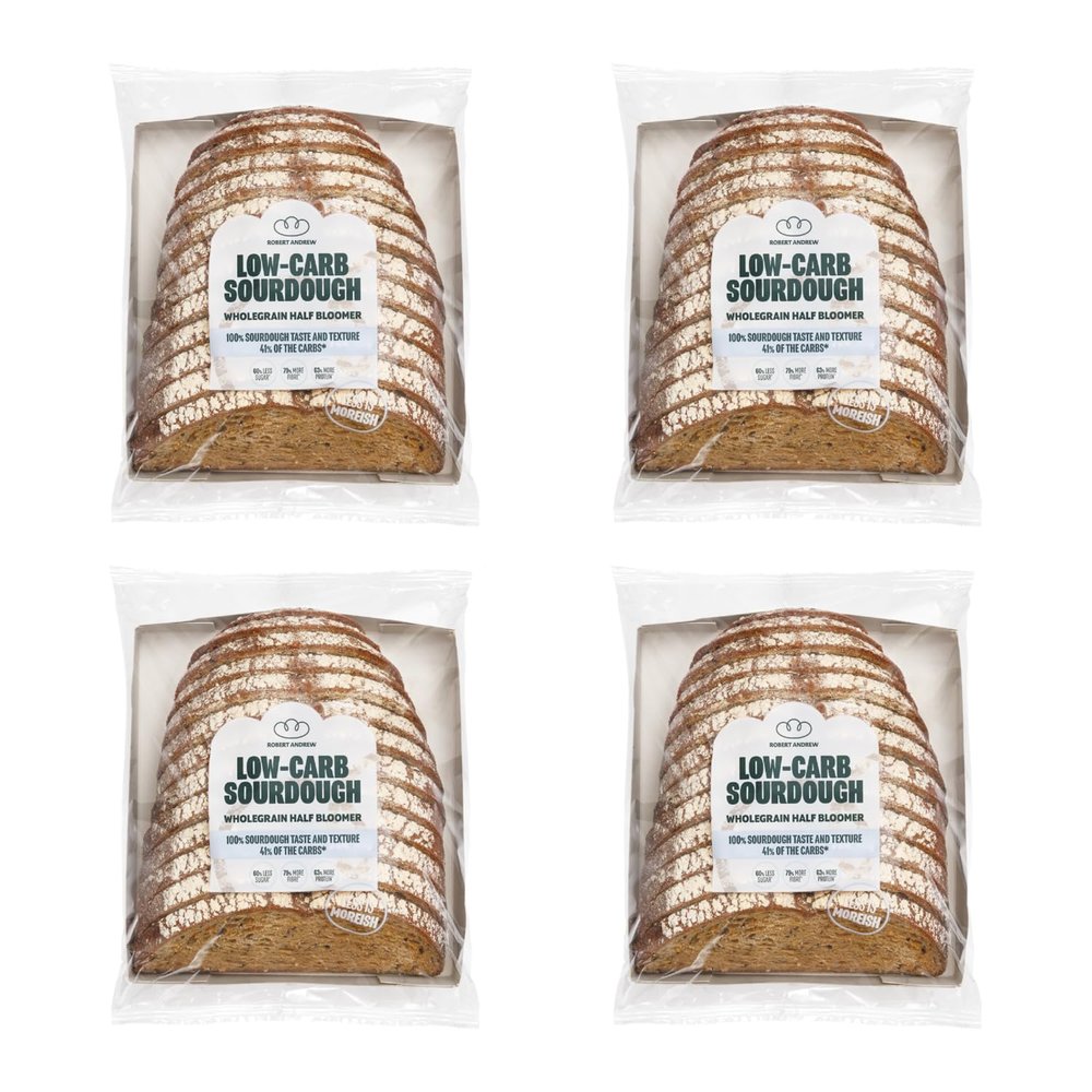 ROBERT ANDREW 4-Pack Low-Carb Sourdough Wholegrain Bread, 5.6g Carbs 7g Protein 88 Kcal, Sliced Half Bloomer, High Protein & Fibre, Freshly Baked, Freezer Friendly, 4x 400g