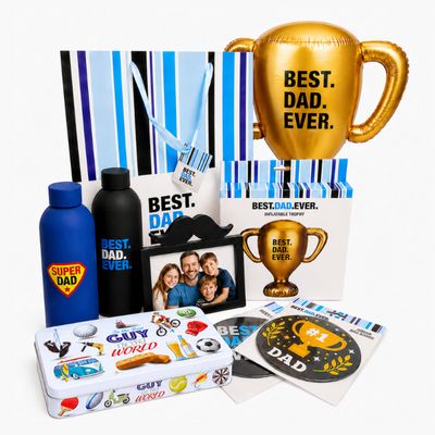 Topline Fathers Day Hamper for Dads - Best Dad Ever Photo Frame, Inflatable Trophy, Random Selected Water Bottle & Jumbo Badge, 300g Shortbread Biscuits. Gift Bag for Fathers Day Gift