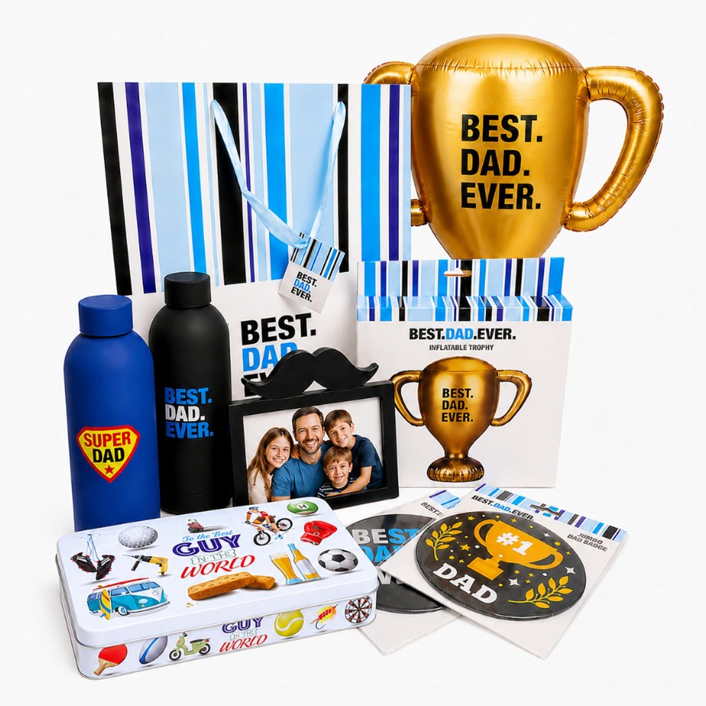 Topline Fathers Day Hamper for Dads - Best Dad Ever Photo Frame, Inflatable Trophy, Random Selected Water Bottle & Jumbo Badge, 300g Shortbread Biscuits. Gift Bag for Fathers Day Gift