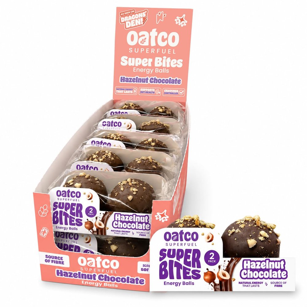 Oatco Superfuel Super Bites Energy Balls, Hazelnut Chocolate | Natural Energy Snack, Source of Fibre | As Seen on Dragon's Den | Pre-Workout, Office & School Run Snack | 10 x 2-Packs (68g)