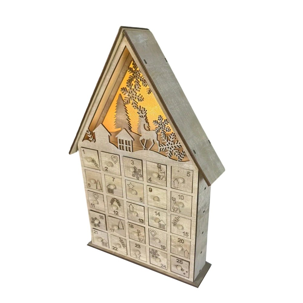 YPBEW Wood Advents Calendar with LED Light LED Illuminated Wood with 24 Drawers for Christmas Countdowns