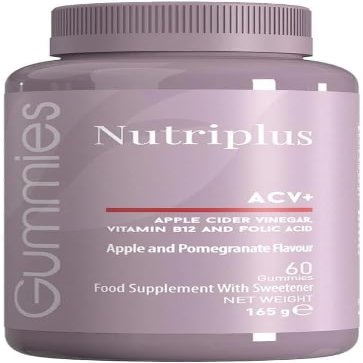 Nutriplus ACV+ Gummies, Apple Cider Vinegar with Vitamin B12 and Folic Acid, Apple and Pomegranate Flavour, 60 Count