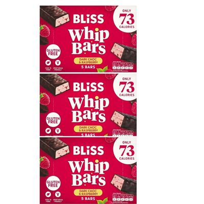 Bliss Whip Bars Dark Chocolate & Raspberry 5 x 20g Bars (Pack of 3 Boxes) Gluten Free Whipped Snack Bars, 73 Calorie Chocolate Raspberry Treats for Healthy Snacking