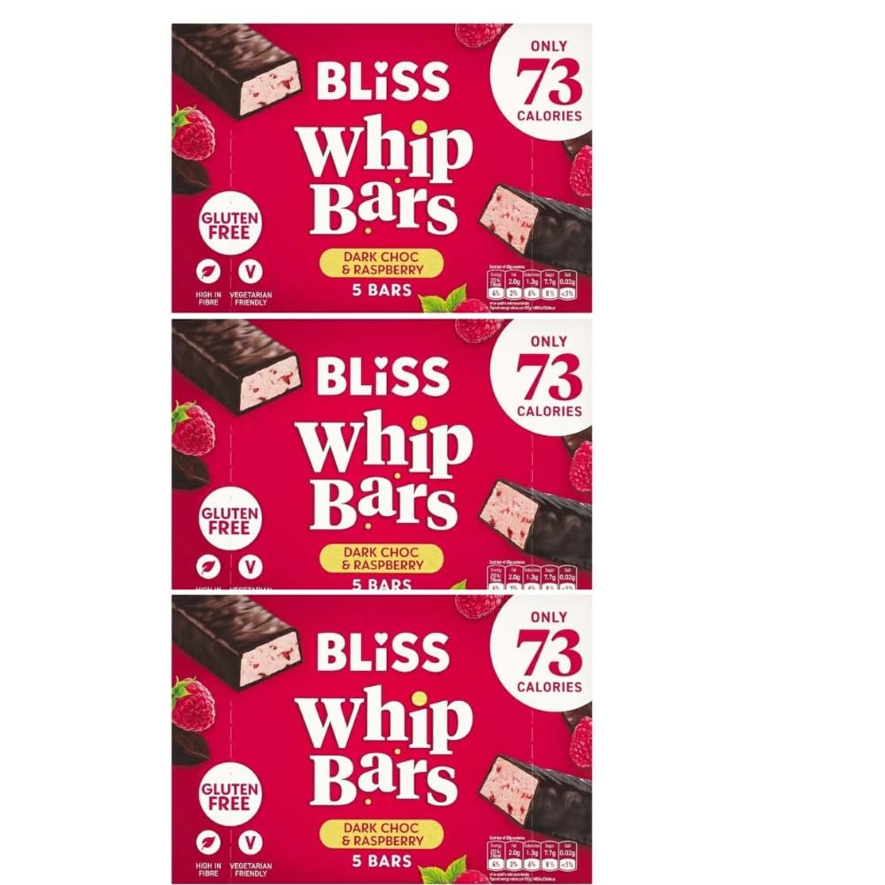 Bliss Whip Bars Dark Chocolate & Raspberry 5 x 20g Bars (Pack of 3 Boxes) Gluten Free Whipped Snack Bars, 73 Calorie Chocolate Raspberry Treats for Healthy Snacking
